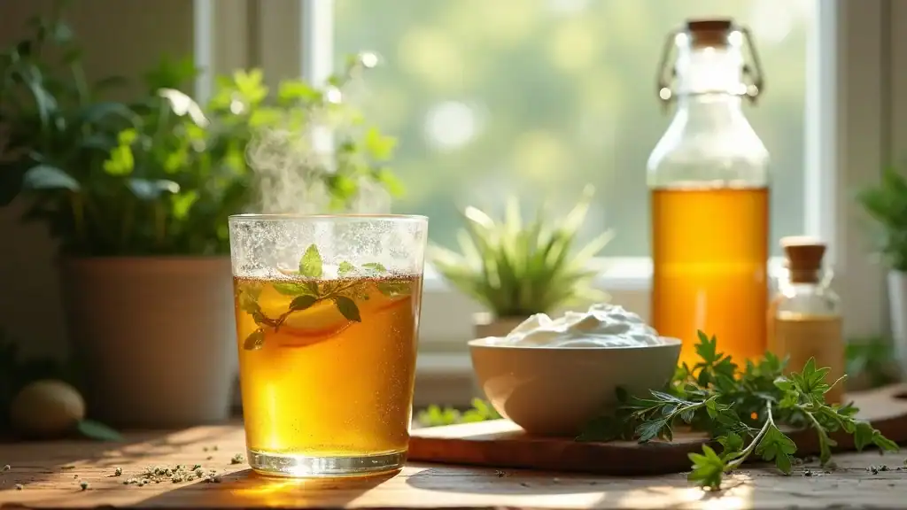 Kitchen counter display with green tea, apple cider vinegar, and yogurt—natural remedies for losing belly stomach fat without exercise.