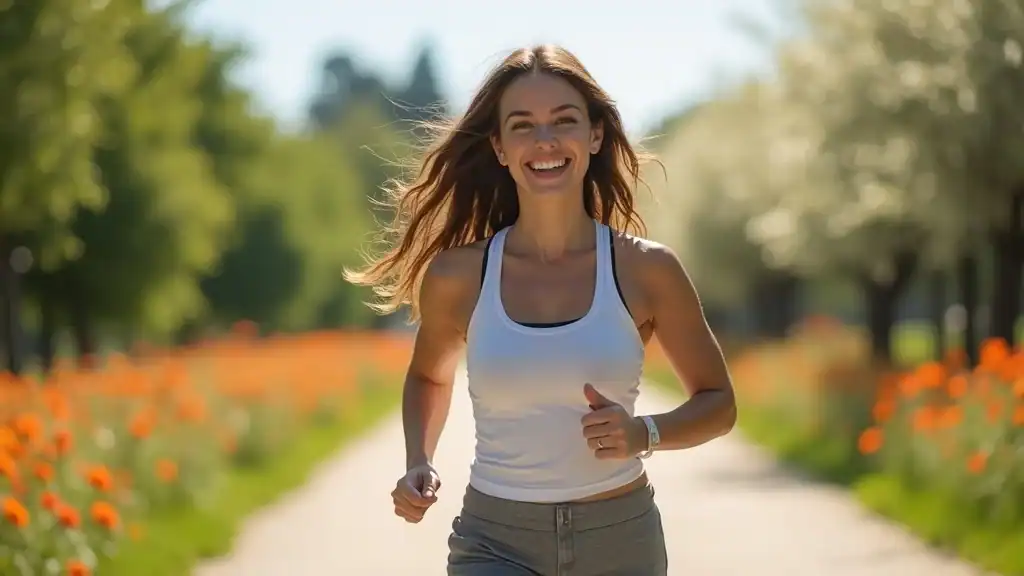 Confident woman engaging in brisk walking outdoors for stress management techniques for women, cheerful in a green sunny park environment.