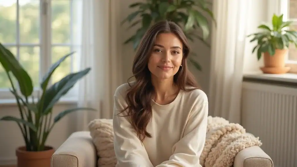 Empowered modern woman practicing stress management techniques for women in a serene home environment, calm and peaceful facial expression, surrounded by soft furnishings and plants with natural light.