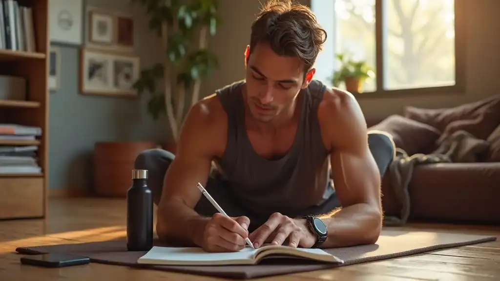 setting fitness goals for home cardio workouts journal water bottle yoga mat