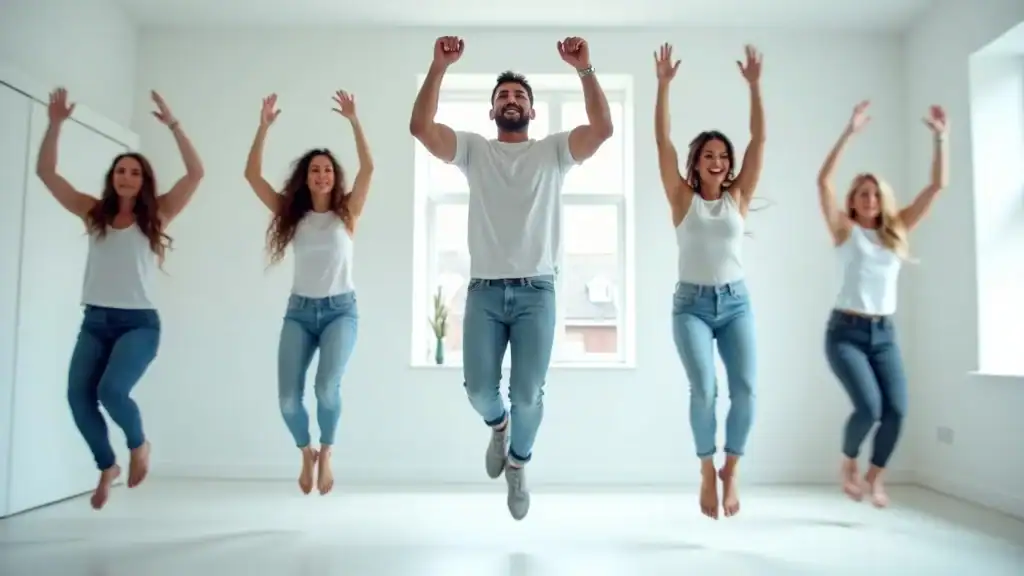 beginner cardio routines home jumping jacks diverse group aerobic workout bright space motion