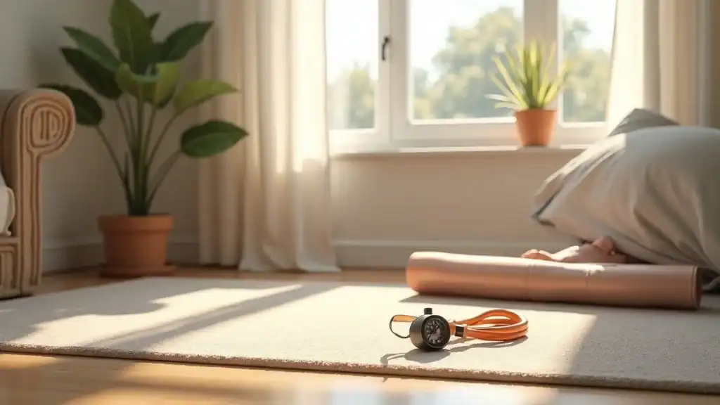 Organized home workout setup with beginner cardio exercises equipment and friendly energy