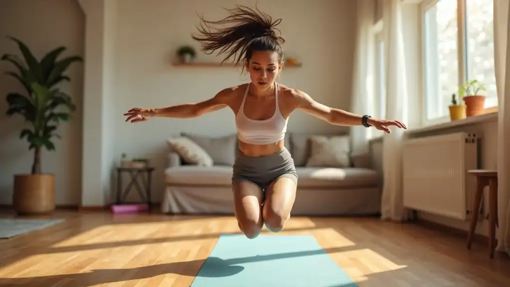 jumping jacks cardio exercise woman photorealistic home gym heart rate burning fat no equipment