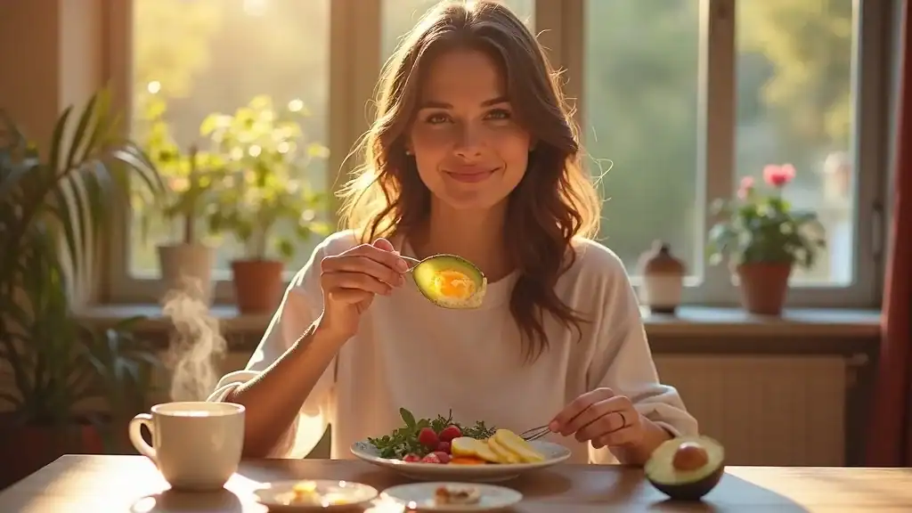 Woman eating a protein-rich breakfast as one of the ways to lose belly fat without exercise.