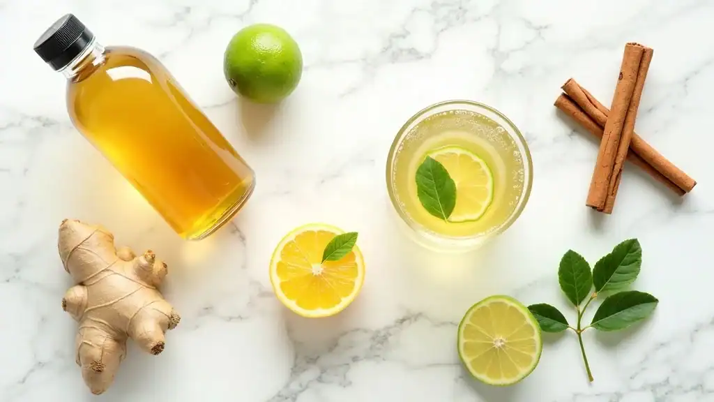 Natural fat burner drink ingredients with green tea, apple cider vinegar, lemon, ginger, and cinnamon, burn belly fat drink concept