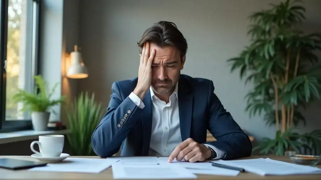 Stressed professional taking a mindful pause in a home office, a reminder of how stress management is vital for losing belly stomach fat without exercise.
