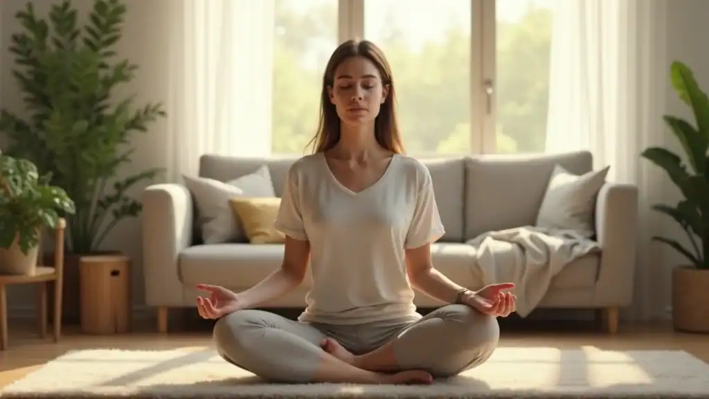 Calm adult practicing deep breathing as a relaxation technique in a peaceful home setting