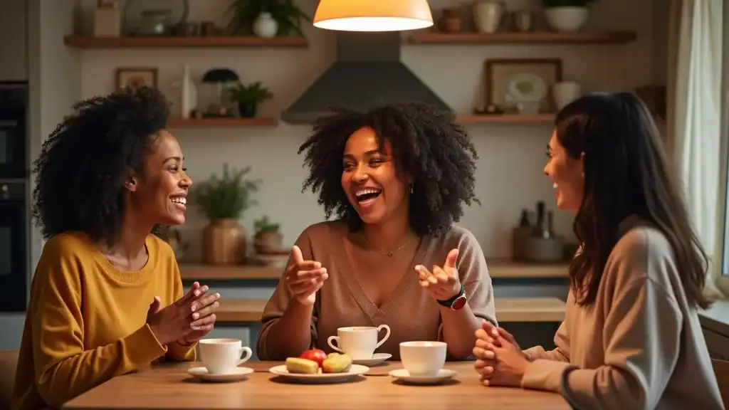 Diverse group of women enjoying stress management techniques for women, sharing tea and laughter in a warm, connected kitchen environment.