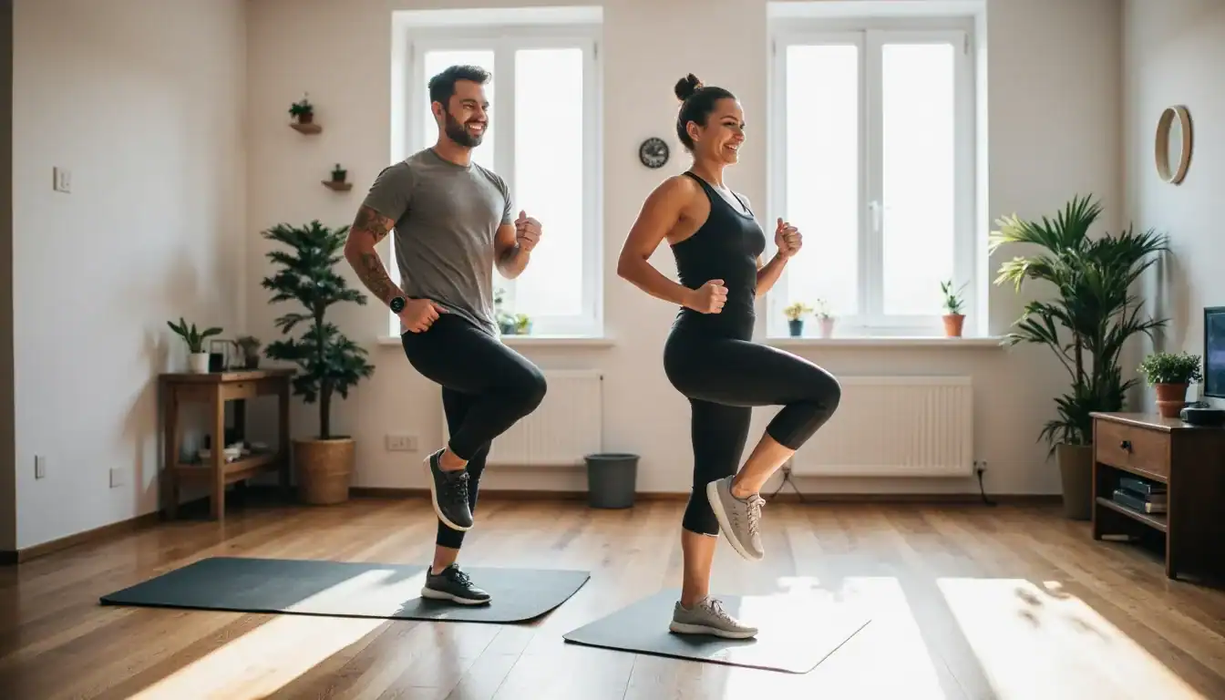 main cardio without equipment home workout scene engaging energetic man woman high knees sunlit living room heart pumping
