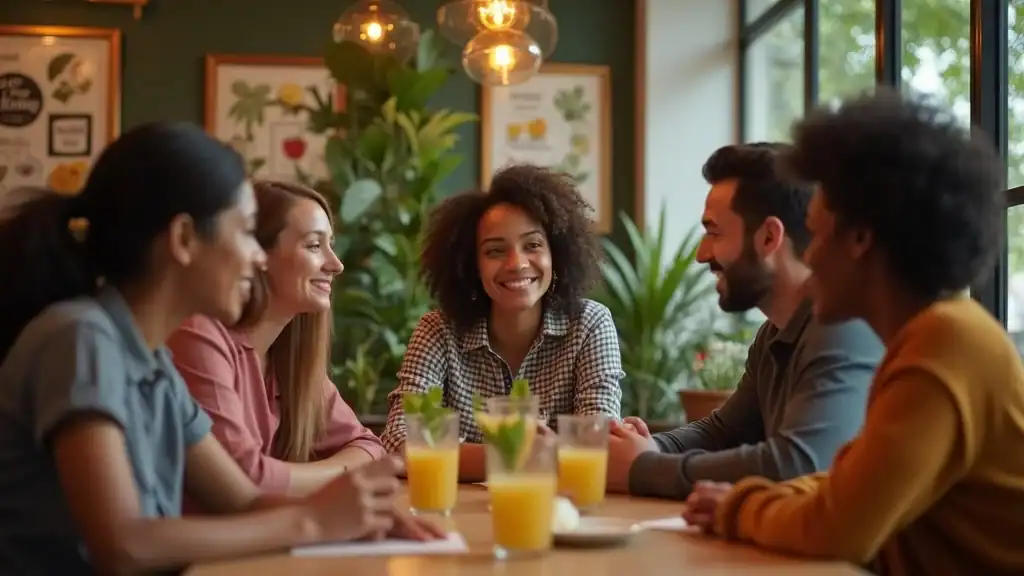 Diverse group discussing burn belly fat drinks at a trendy health café, fat burner trend
