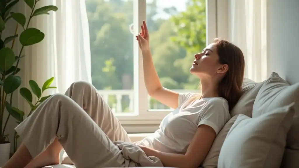 Calm young woman practicing breathing exercises for panic attacks on a couch with serene expression in a sunlit living room