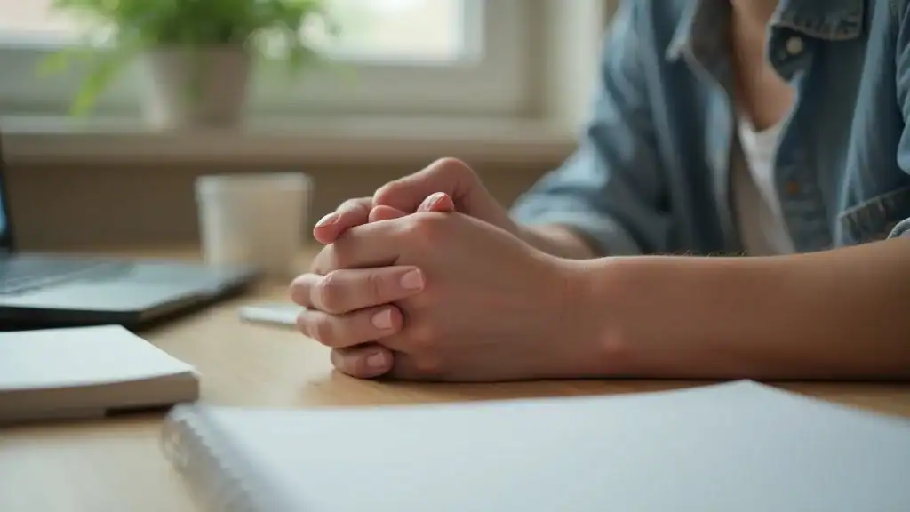 Close-up of nervously fidgeting hands at a desk, representing physical anxiety symptoms linked to the nervous system response
