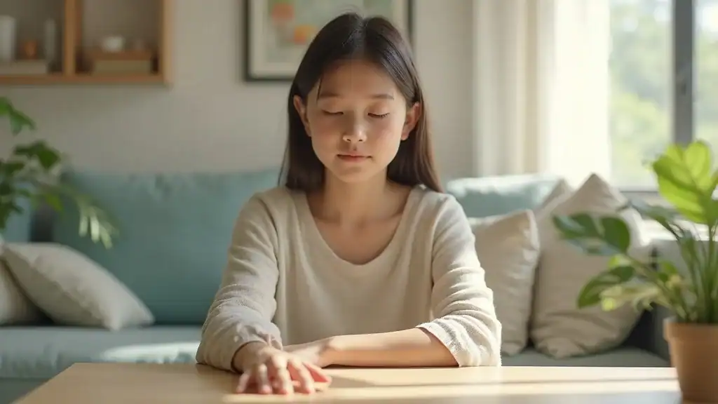 Mindful young adult practicing the 5 5 5 grounding method for anxiety and panic in a cozy sunlit living space