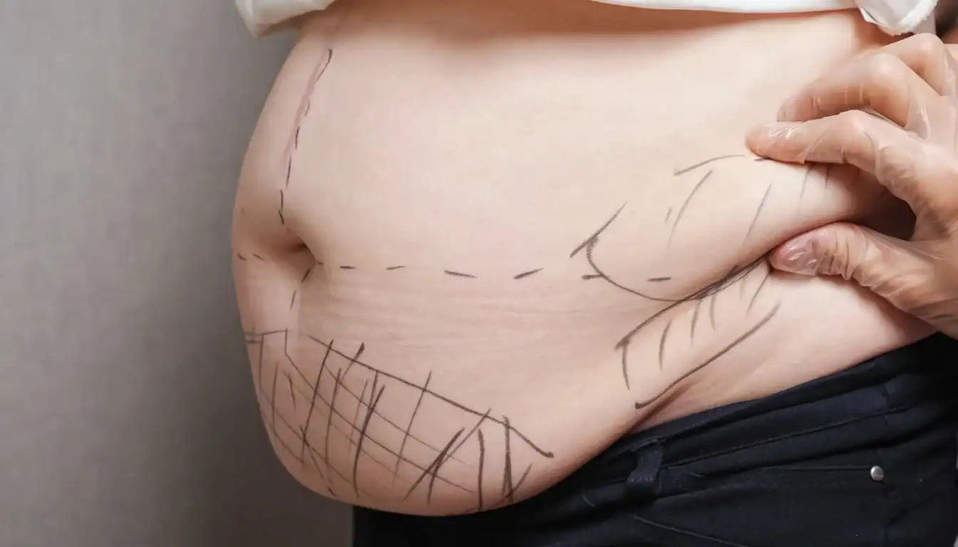 Attractive patient undergoing laser lipo: lose belly fat without surgery, contemporary medical spa, laser device in use on abdomen