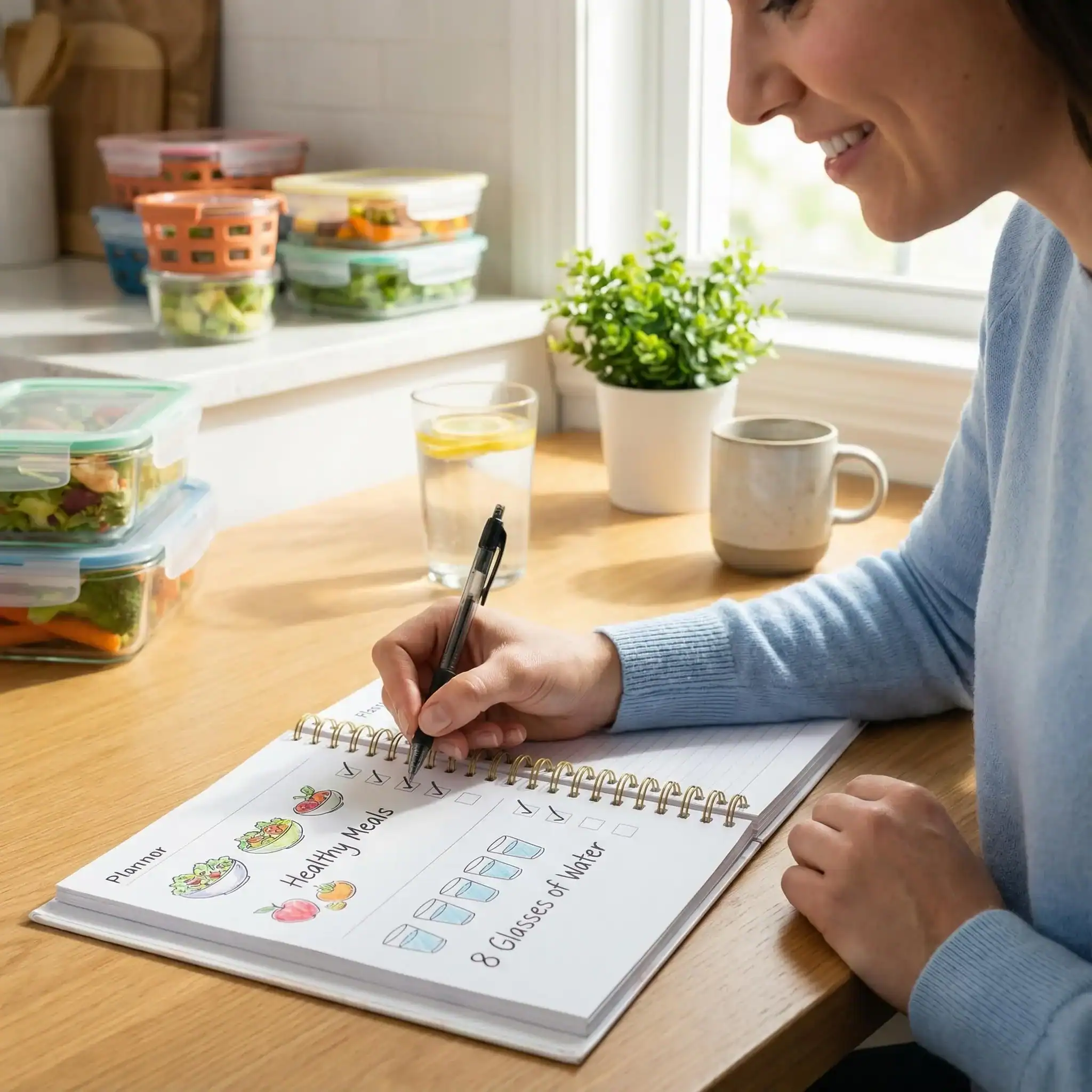 Calendar planner with healthy meals and glasses of water, highlighting habit tracking and food choices for reducing tummy in 7 days; photorealistic with home details and natural daylight.