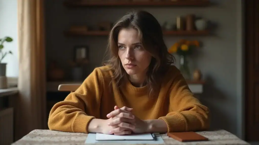 Thoughtful person at desk, mild apprehensive expression, photorealistic, cozy home interior, notebook and pen, depth of field, earthy tones, daylight from window, 85mm lens. symptoms of social anxiety disorder