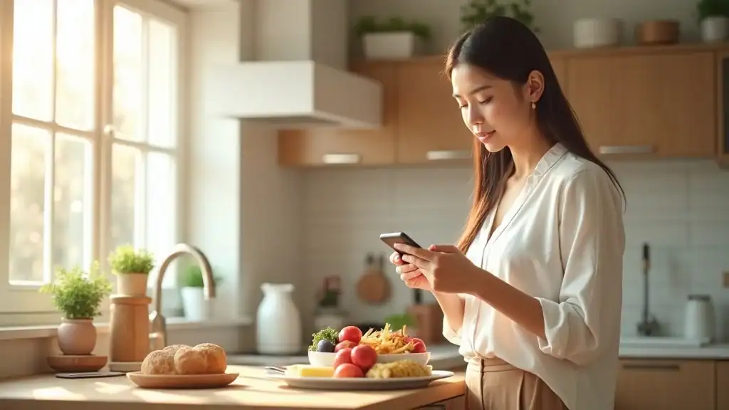 how to do intermittent fasting schedule woman smartphone healthy food kitchen fasting tracker well-lit morning photorealistic