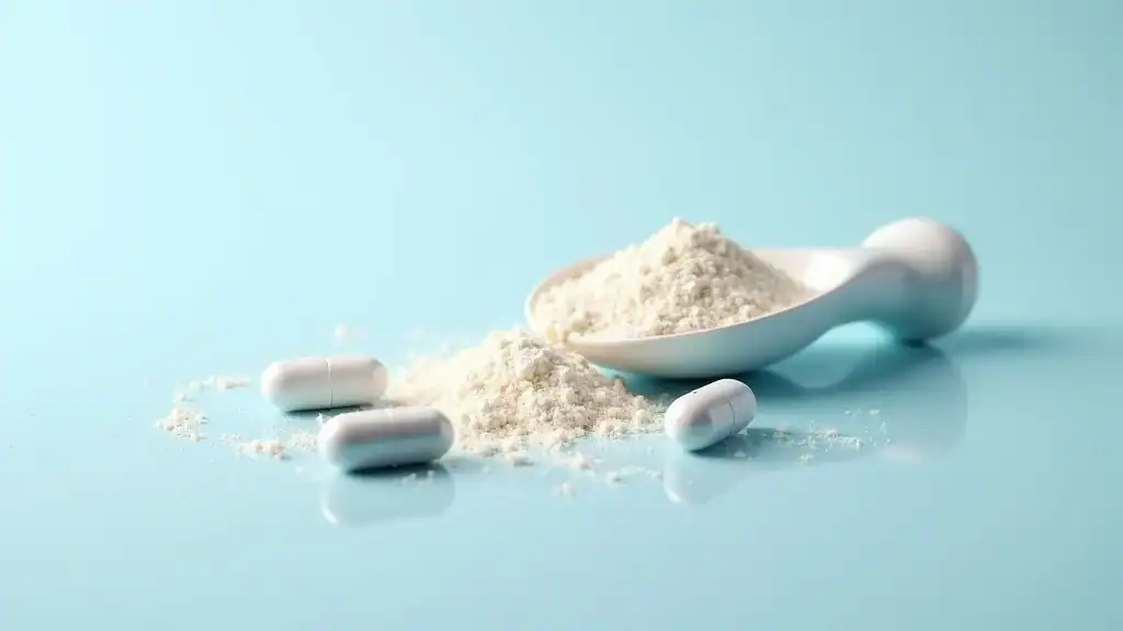 Close-up photorealistic probiotic powder and capsules, best probiotic supplement for weight loss.