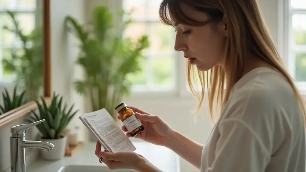 Concerned adult reading probiotic supplement label; considering safety, side effects and dosage.