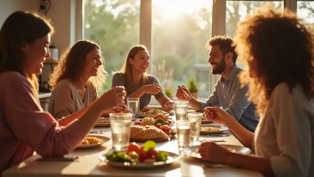 intermittent fasting group success breaking fast healthy meal diverse adults joyful photorealistic modern kitchen