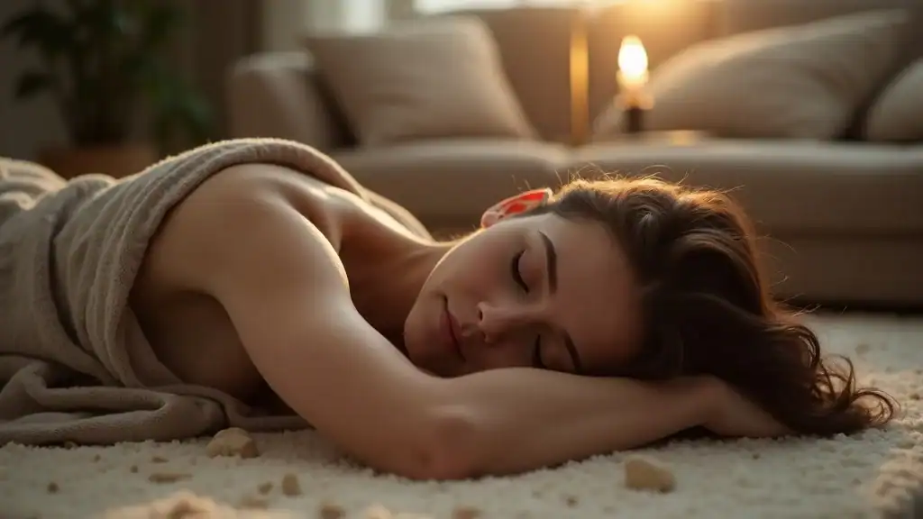 Person practicing progressive muscle relaxation, lying calmly on floor with blanket support for stress management—photorealistic, cozy ambiance.