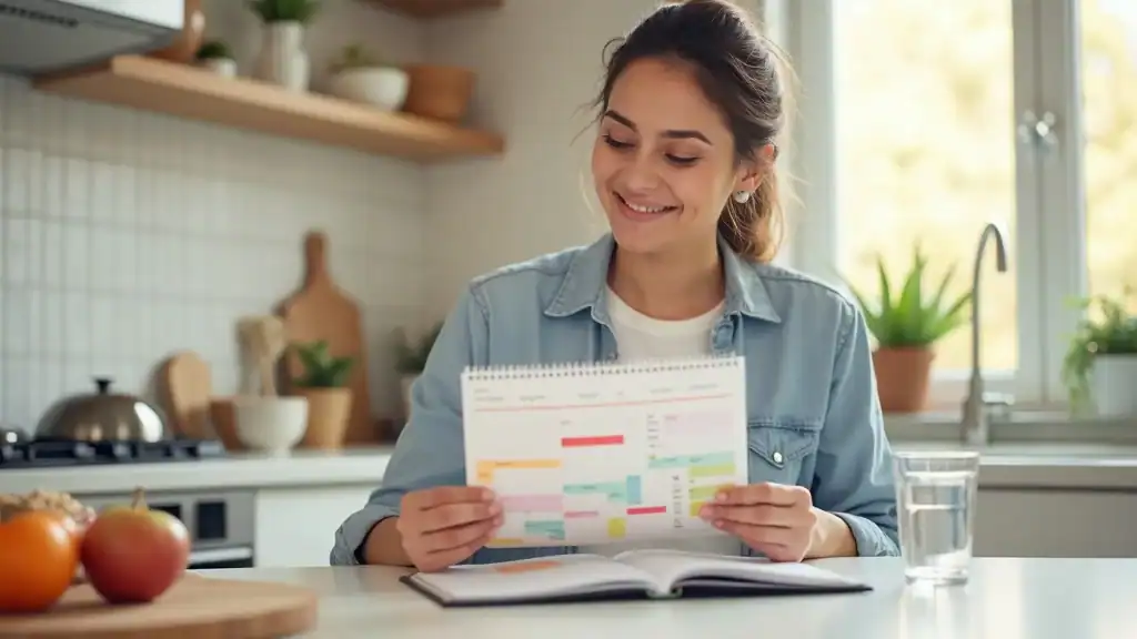 Contemplative adult choosing stress management activities, activity calendar in a bright kitchen—photorealistic, soft pastel and earth tones.