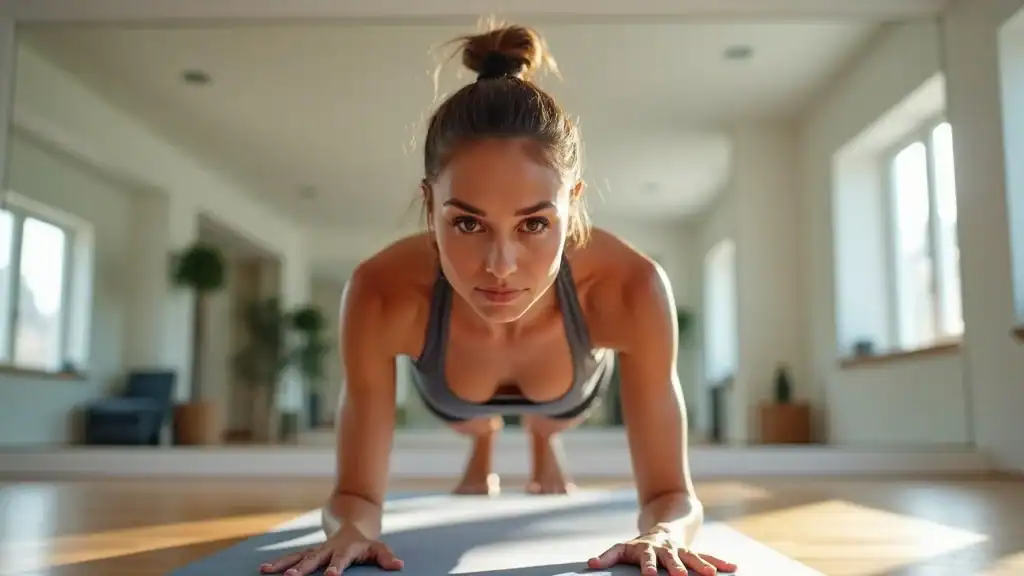 Woman in plank position performing mountain climbers as a simple cardio workout at home, showing proper form