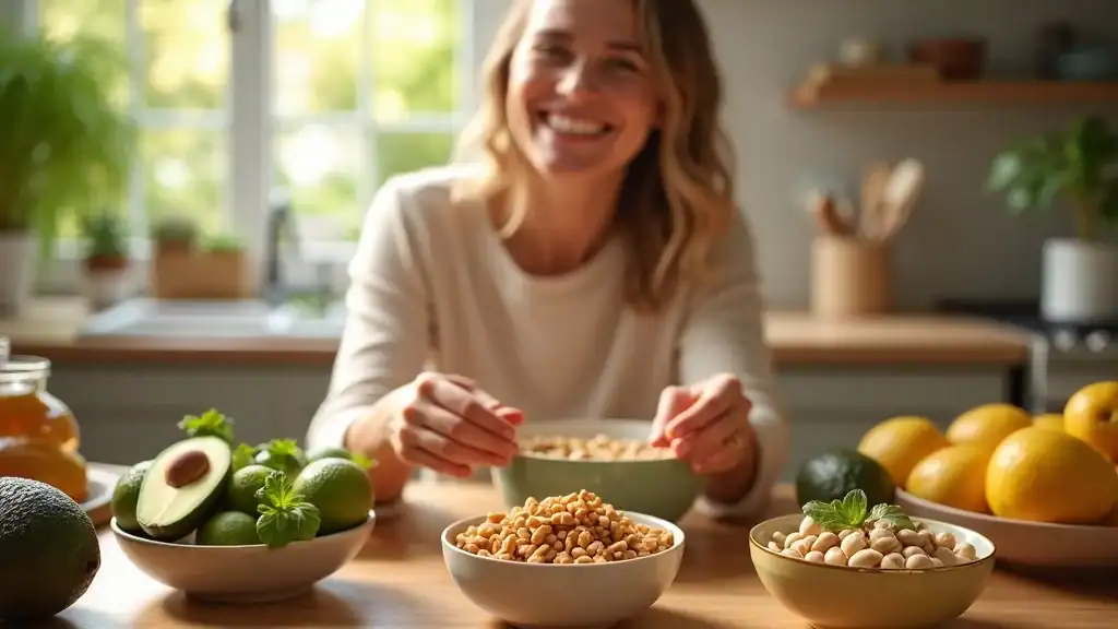 Healthy kitchen scene: bowls of avocados, olive oil, and nuts contrasted with packaged snacks, highlighting beneficial and harmful fats for belly fat loss; photorealistic, sunlit, detailed textures.