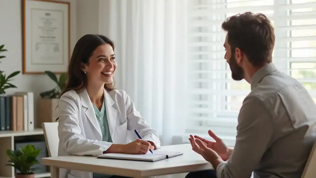 Engaged therapist and client during CBT session, attentive, reassuring, photorealistic, bright professional therapy office, clean decor, diplomas, books, calming neutral tones, diffused daylight, 50mm lens. cognitive behavioral therapy for social anxiety