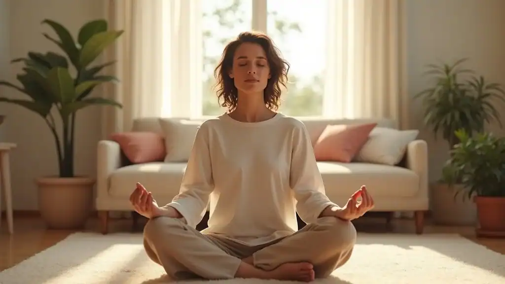 Calm adult meditating in a peaceful living room with plants and natural light, symbolizing stress management for belly fat loss.