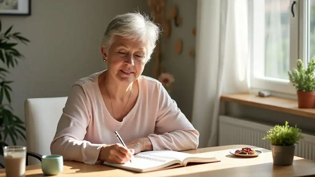 Older woman tracking her intermittent fasting progress in a health planner to overcome weight gain plateaus and stay motivated