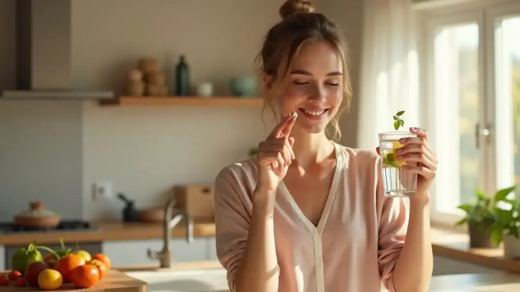 Active woman holding a probiotic capsule and water, showing best probiotic for weight loss routine.
