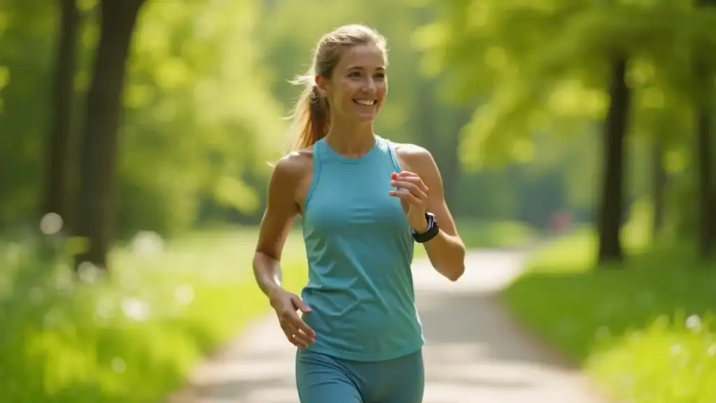 intermittent fasting weight loss motivated adult fitness tracker proud energized green park photorealistic