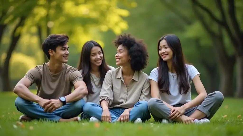 Diverse adults practicing stress management activities, relaxing cross-legged in a calm outdoor park under the morning sun—photorealistic, calming green and blue tones