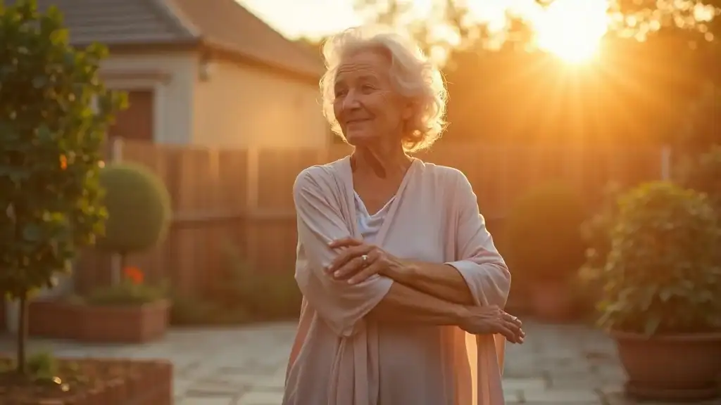 Vibrant older woman practicing yoga or stretching outdoors at sunrise, showing healthy aging and energy after intermittent fasting