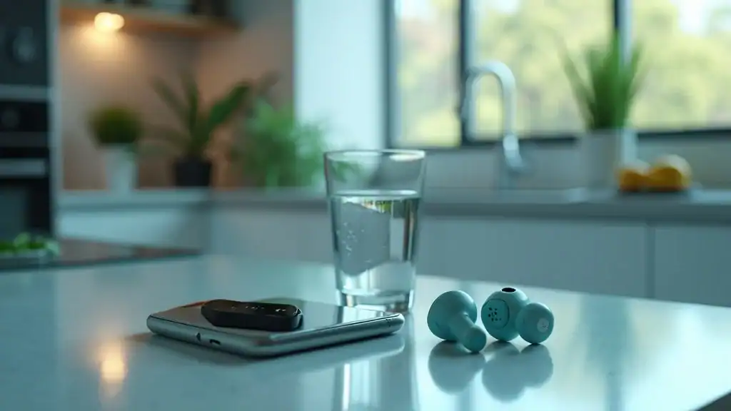 Modern kitchen with water, fitness tracker, wireless earbuds, and music playlist, suggesting healthy workout habits at home