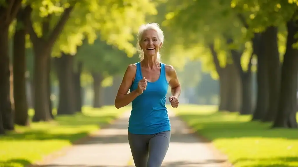 Active older woman enjoying the health benefits of intermittent fasting for women over 50, jogging outside with energy