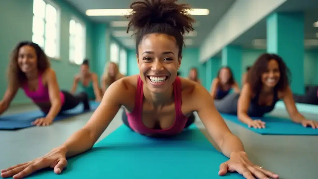 Group exercise for belly fat reduction: diverse adults engaged in core workouts, lose belly fat without surgery, energetic gym setting