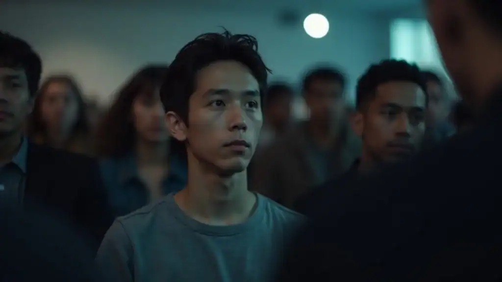 Concerned young adult in a crowded room, neutral expression, photorealistic, modern social gathering environment, soft focus, high texture, cool blues and greys, soft indoor lighting, 50mm lens. stress reduction skills for social anxiety