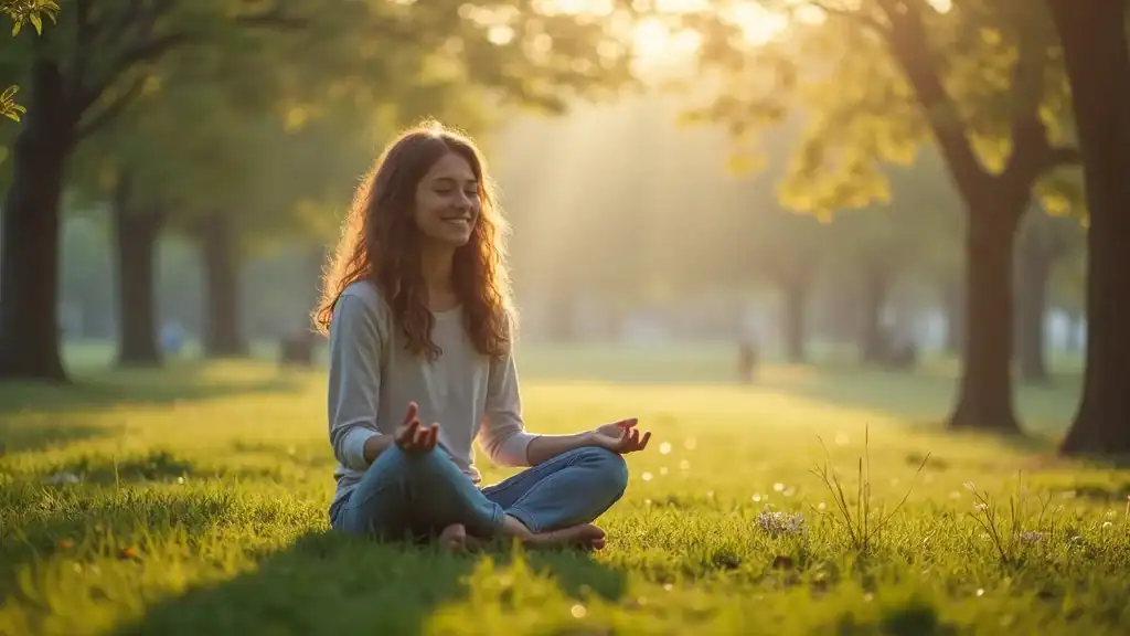 Peaceful young adult meditating in nature, relaxed, cross-legged, photorealistic, tranquil park, trees, morning mist, soft blues and greens, golden hour, 35mm lens. mindfulness and relaxation techniques for social anxiety