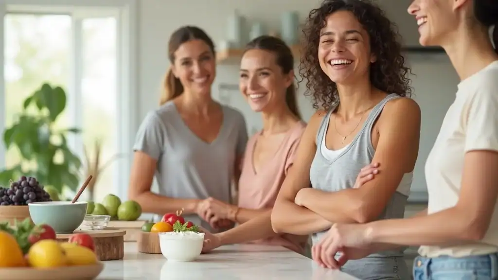 Group of healthy adults in kitchen with probiotic foods for weight loss: yogurt, kefir, fresh produce. Natural daylight, soft pastel colors.