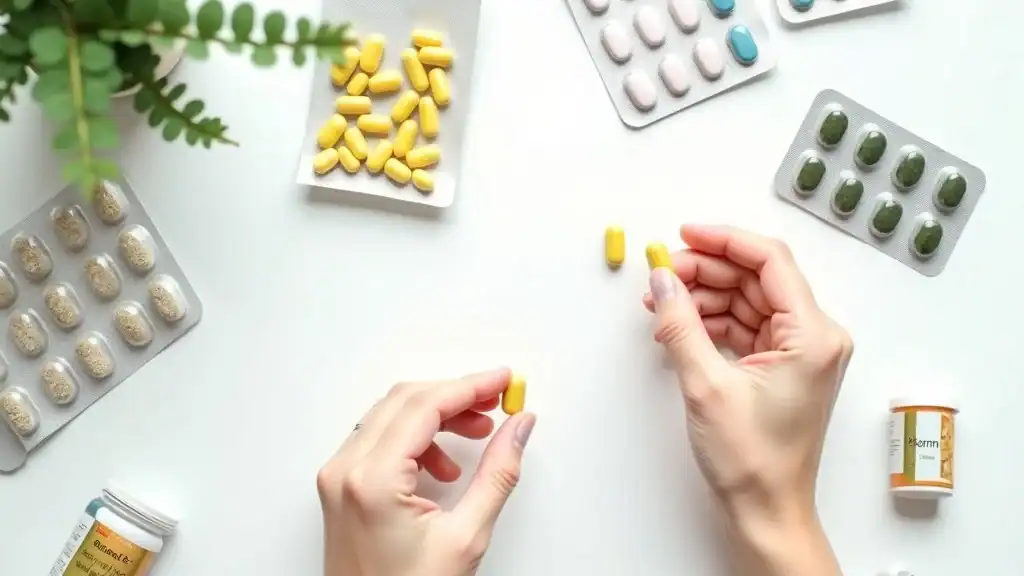 Neatly arranged multi-strain probiotic supplements, showing capsules and blister packs for weight loss support.