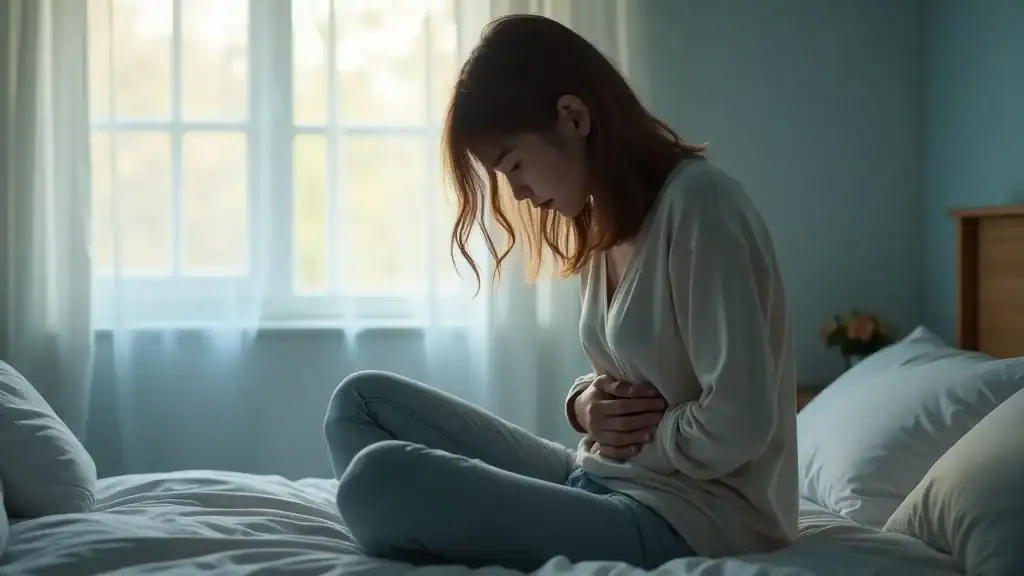 Introspective young adult experiencing anxiety holding their stomach, representing the link between can anxiety makes you feel sick and physical symptoms, in a softly lit tidy bedroom