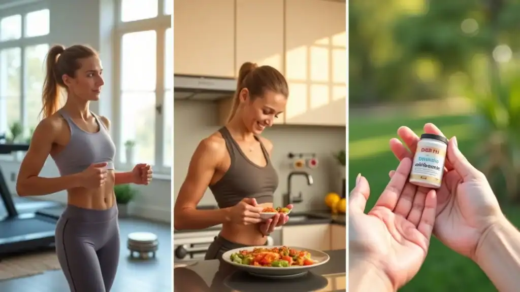 Composite collage: people exercising, healthy meals, and hands with probiotic capsules, showing holistic weight loss approach.