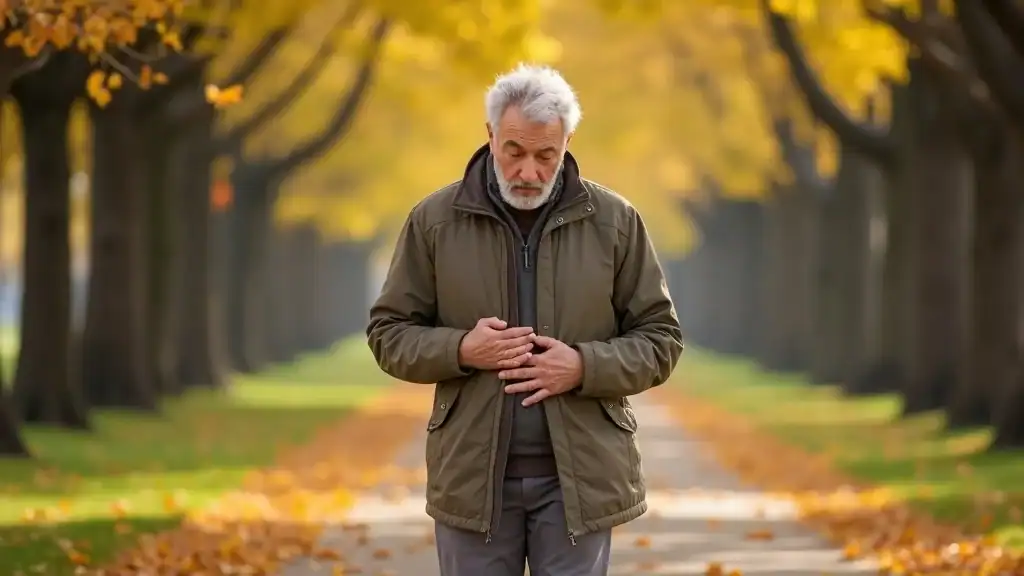 Person in park pausing and holding stomach, representing real-life impact of can anxiety makes you feel sick on daily life