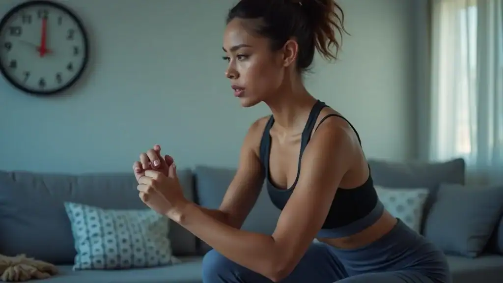 Busy professional doing a quick home cardio workout, checking a timer and performing dynamic movement with focus