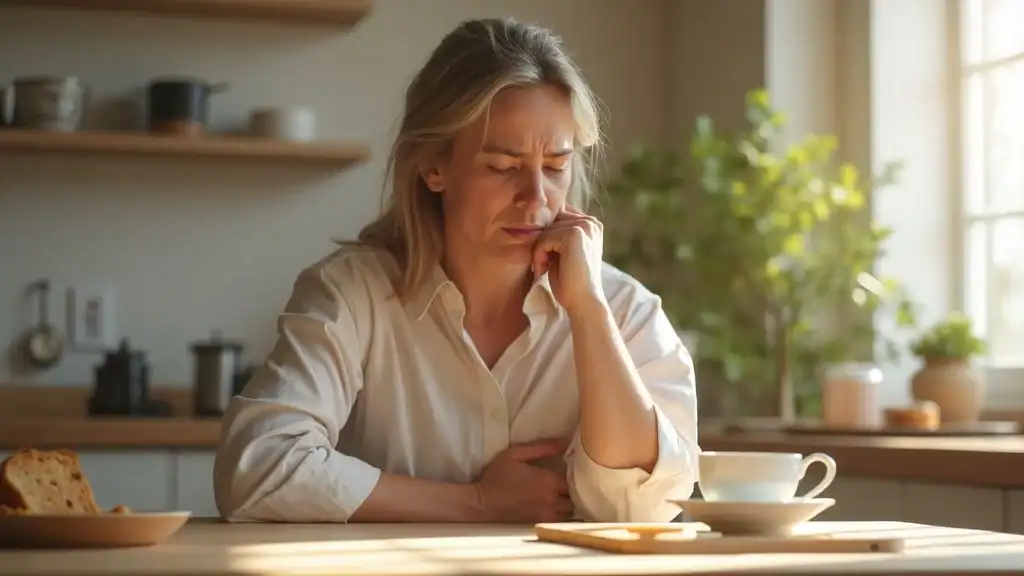 Adult holding stomach at kitchen table experiencing anxiety nausea, illustrating upset stomach as a physical symptom of anxiety, with healthy food props