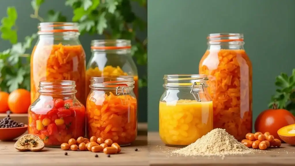 Side-by-side comparison: glass jars of fermented foods versus probiotic supplement capsules for weight loss.