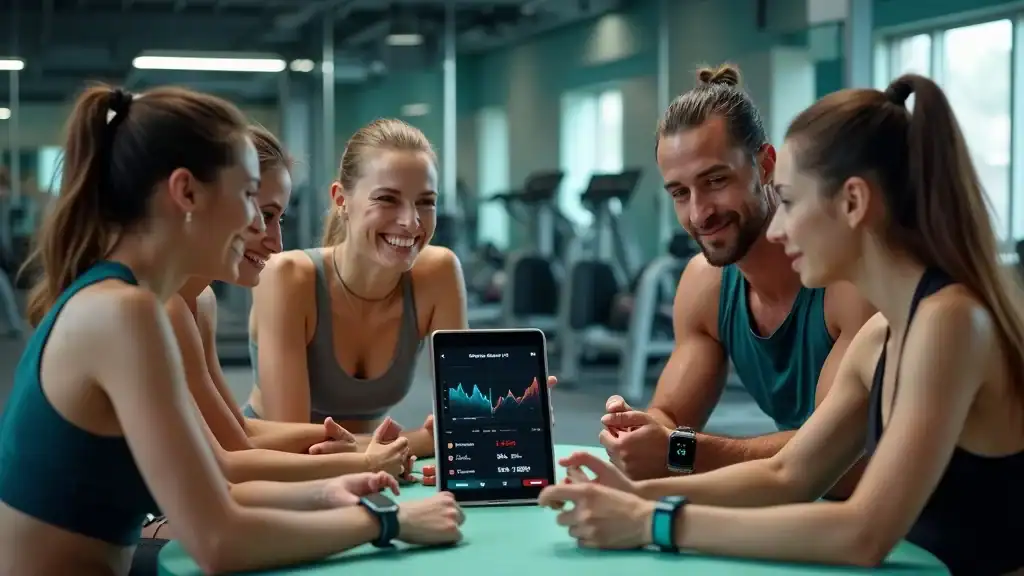 Diverse adults reviewing jump rope calorie calculator results on devices in a gym.