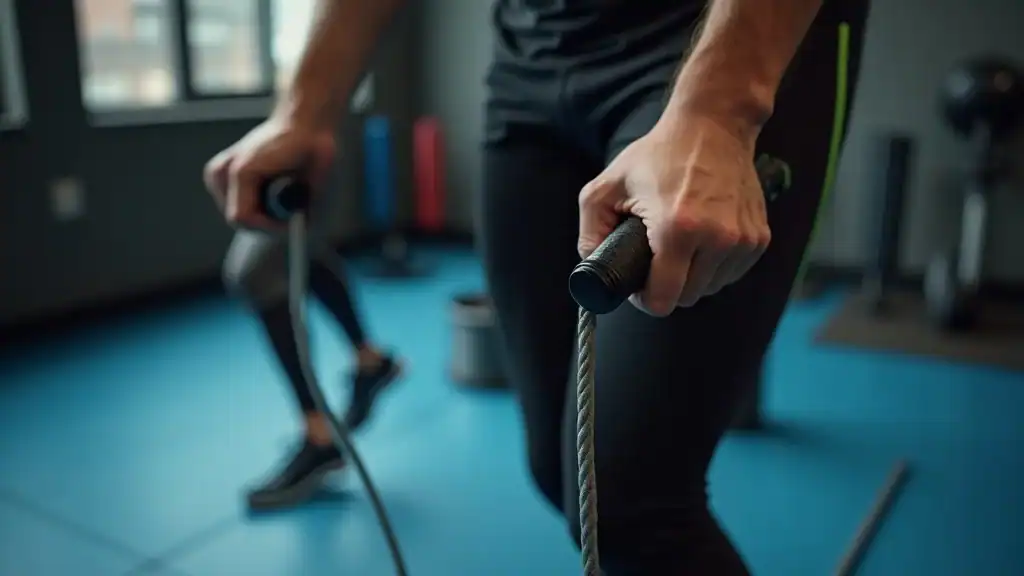 Close-up of a jump rope counter and athletic hands using a jump rope calorie calculator.